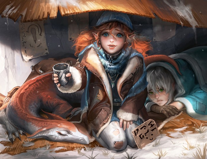 Two elves and a dragon sheltering from snow