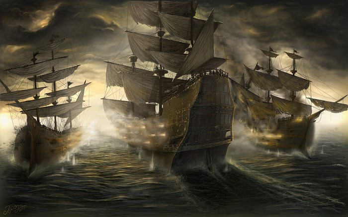 Three pirate ships sailing through a stormy sea
