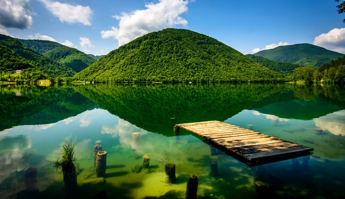 4K Lake Scenery with Mountains and Dock in Bosnia and Herzegovina