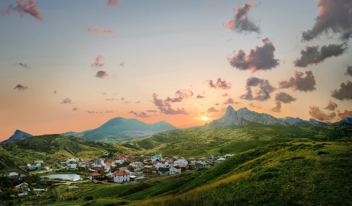 Village in the mountains at sunset, Crimea