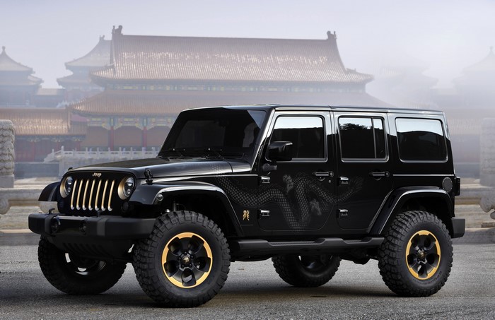 Black Jeep Wrangler Dragon Edition with Chinese Architecture