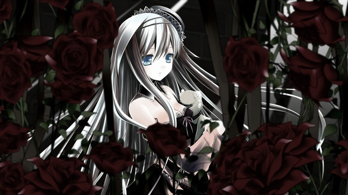 Girl with white hair and blue eyes holding a doll surrounded by roses