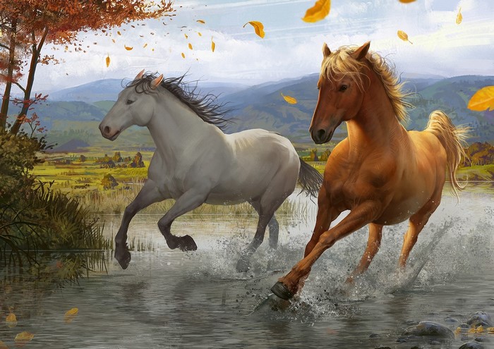 Two horses running through water in autumn