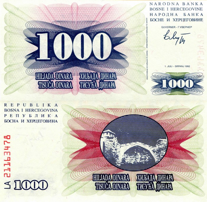 1000 Bosnian Dinara Banknote