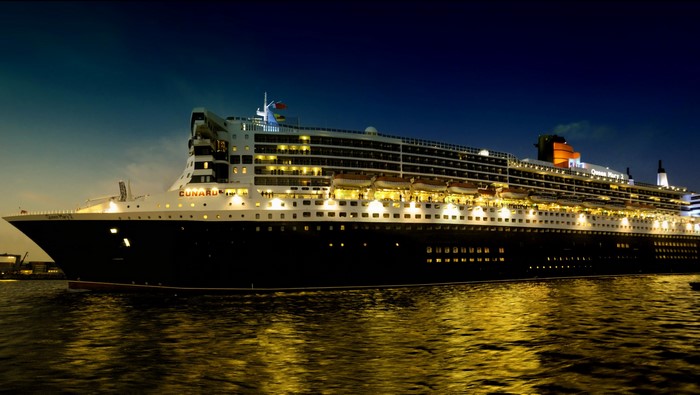 Queen Mary 2 Cunard Cruise Liner at Night