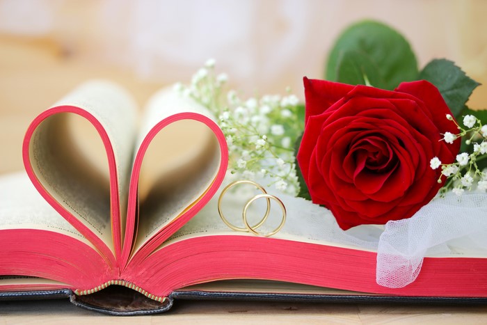 Wedding Rings on Book with Red Rose