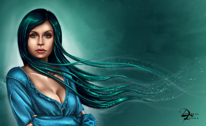 Painting of a woman with flowing green hair