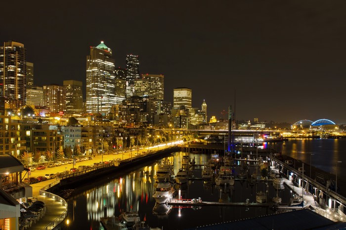 Seattle Skyline and Waterfront at Night