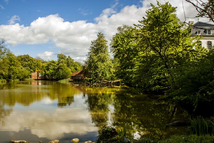 Lake with trees and buildings in Wangels, Germany