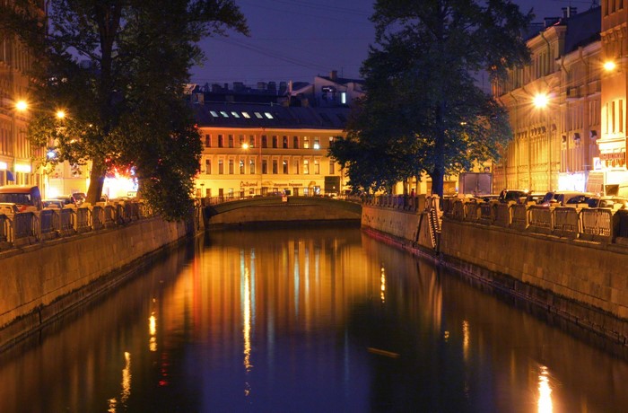 Night view of a canal in St. Petersburg, Russia