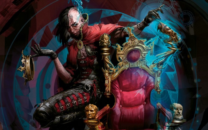 Dark Confidant from Magic: The Gathering sitting on a throne