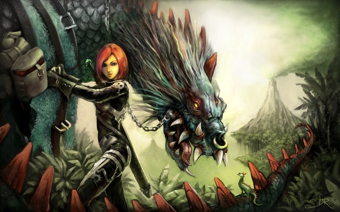 Girl with a dragon in a jungle with a volcano