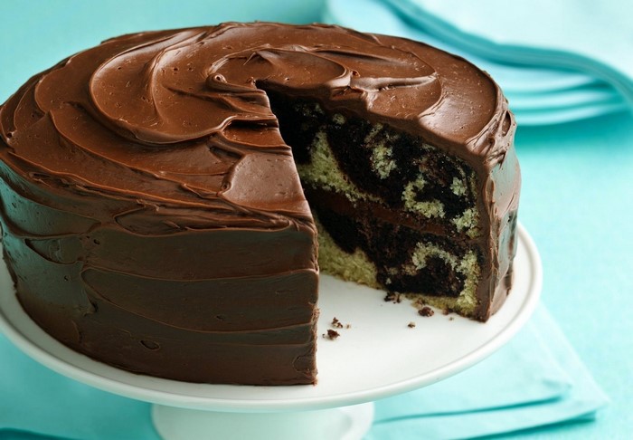 Chocolate marbled cake with chocolate frosting