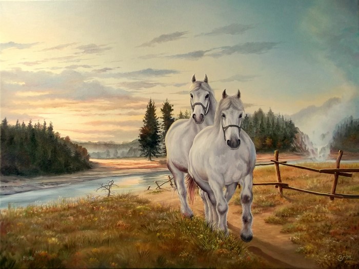 Two white horses in a landscape painting