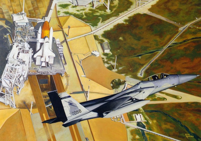 F-15 Eagle and Space Shuttle on Launch Pad