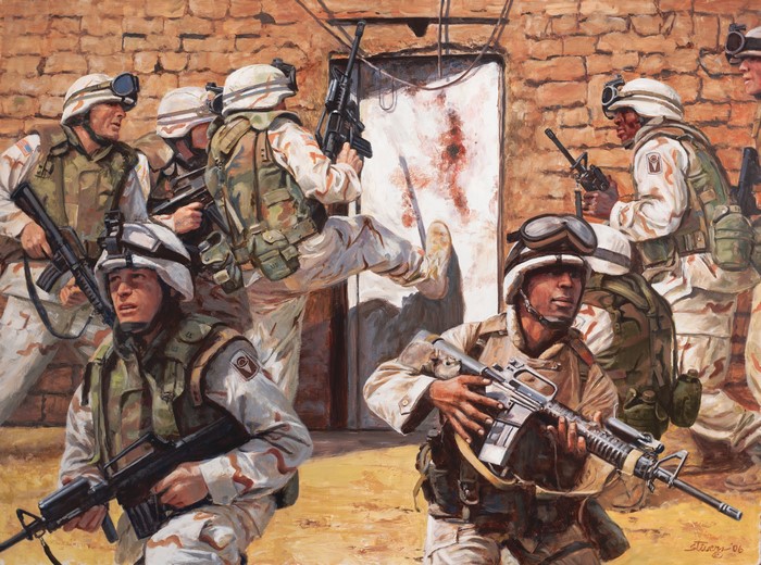 Soldiers in combat at Ar Ramadi by Don Stivers