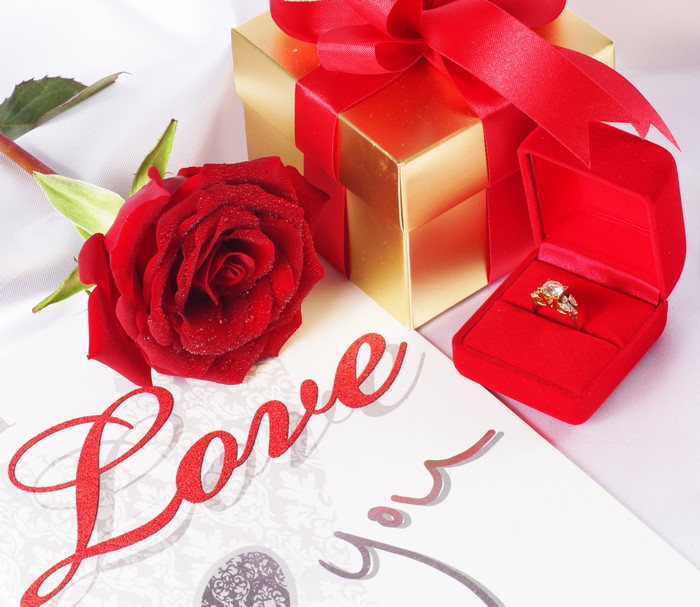 Red Rose, Gift Box, and Engagement Ring