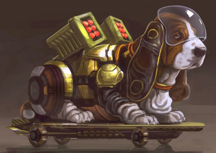 Basset Hound in a steampunk mech suit with rockets