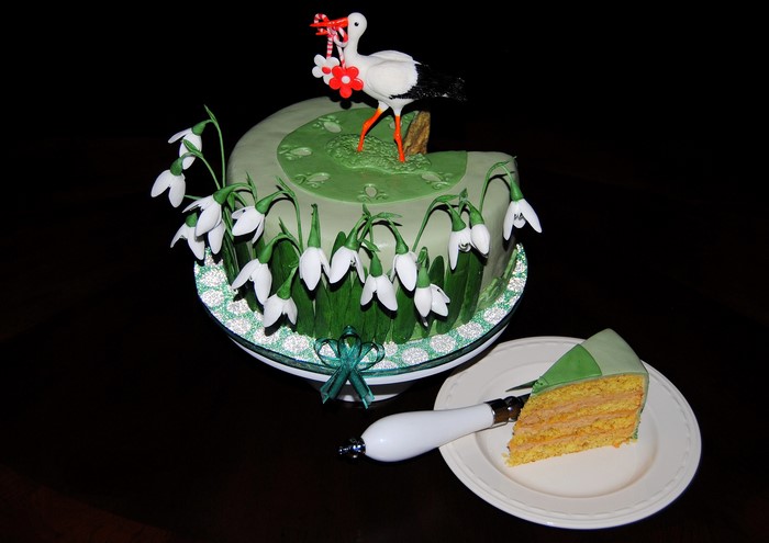 Baby shower cake with stork and snowdrops