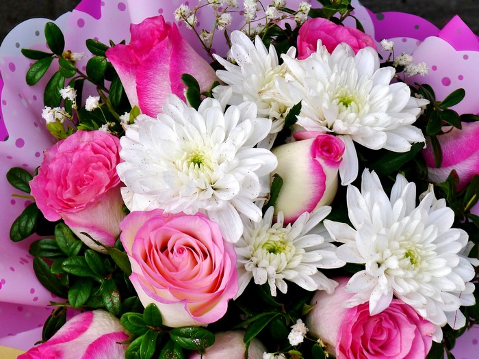 Bouquet of pink roses and white chrysanthemums