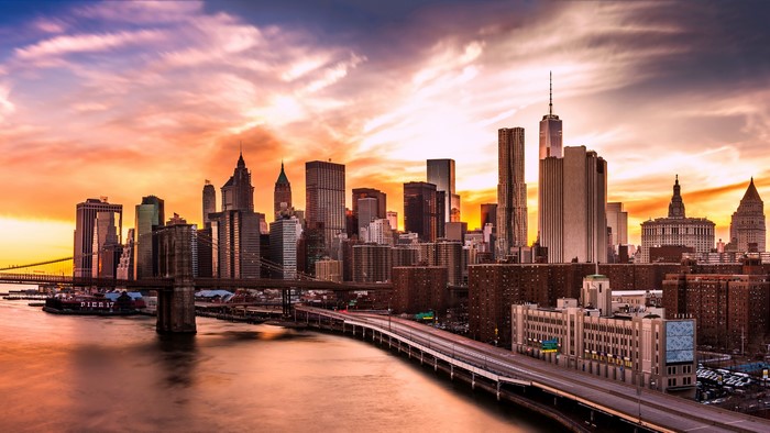 4K New York City Skyline at Sunset