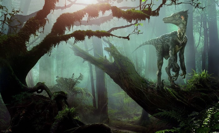 Velociraptor in a misty prehistoric forest