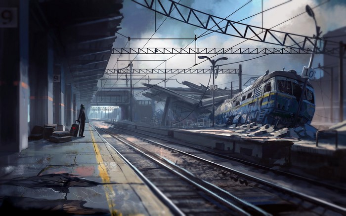 Post-apocalyptic train station with destroyed train