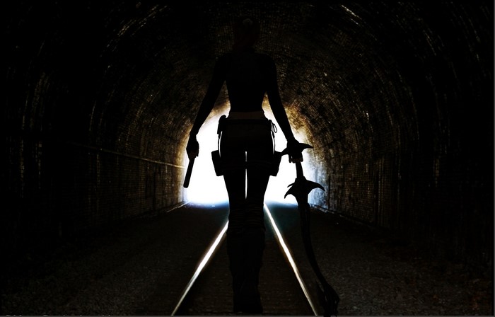 Lara Croft from Tomb Raider in a tunnel