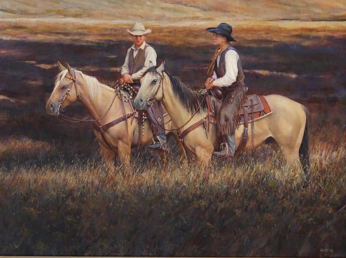 Two Cowboys on Horses in Dimming Light by John Fawcett