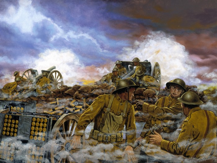Soldiers firing artillery on the Western Front, France, 1918