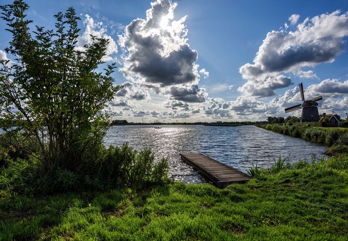 Windmill and lake in Edam, Netherlands