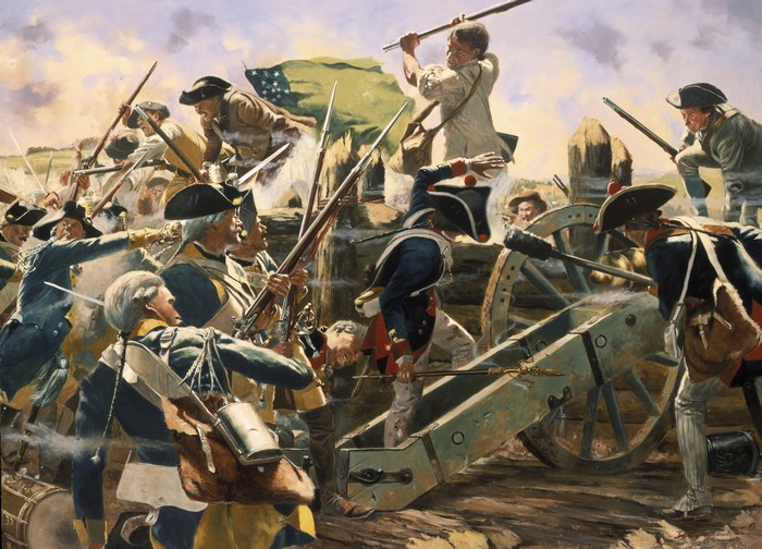 Soldiers in battle with cannons and flags