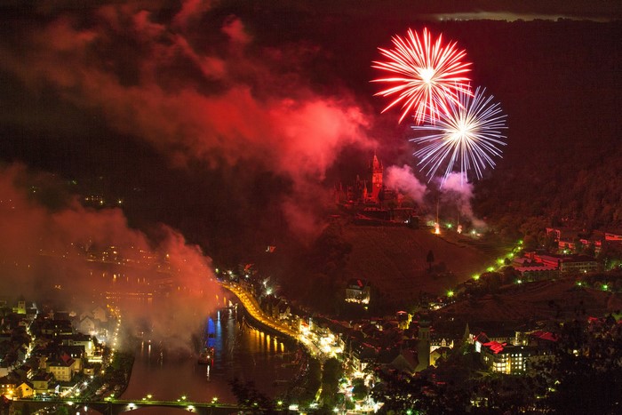 Fireworks over Cochem, Germany at night