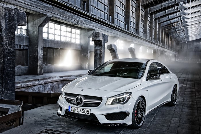 White 2013 Mercedes-Benz CLA 45 AMG in industrial building