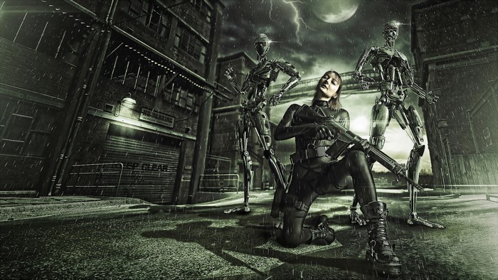 Woman with assault rifle and robots in rainy city
