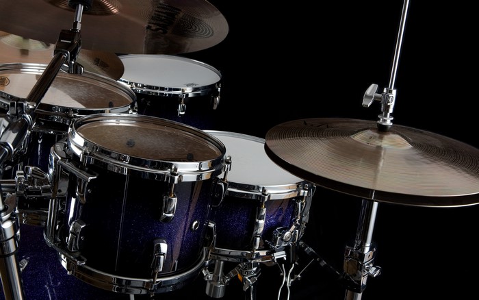 Close-up of a drum kit with cymbals and drums