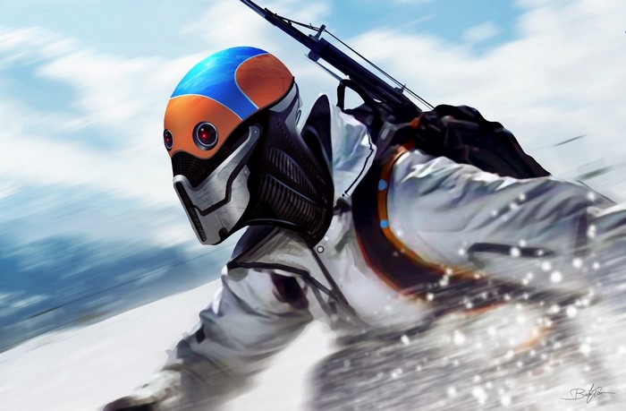 Futuristic warrior with helmet and rifle skiing