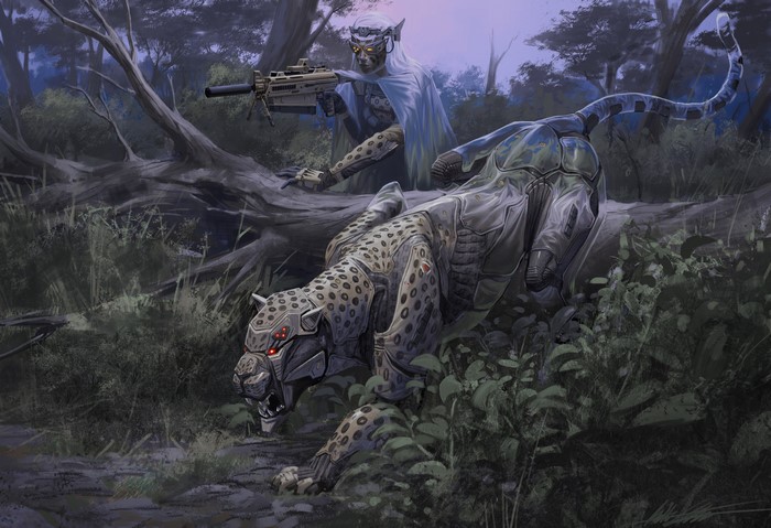 Robot Leopard and Elf Warrior in Forest