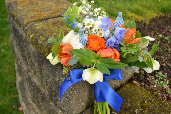 Colorful Spring Bouquet with Blue Ribbon