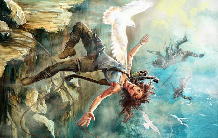 Lara Croft from Tomb Raider falling near birds and samurai