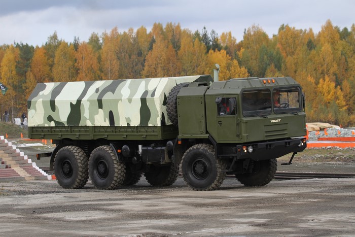 MZKT-6001 military truck with camouflage cover