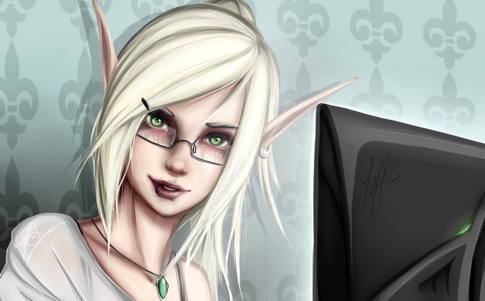 Blonde elf girl with glasses looking at computer