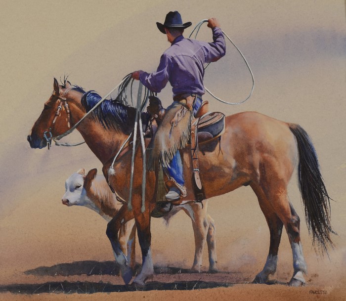 Cowboy on Horse with Calf by John Fawcett