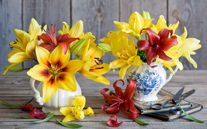 Yellow and red lilies in vases with scissors and books