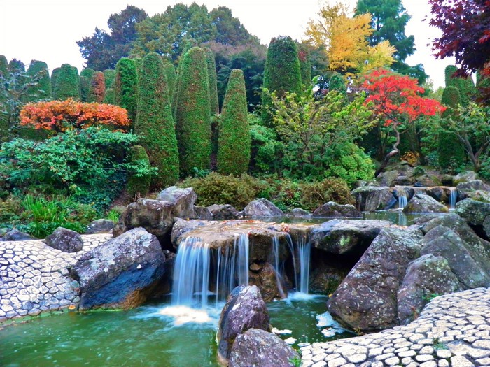 Japanese Garden with Waterfalls and Topiary in Bonn, Germany