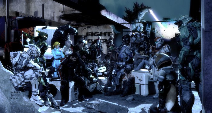 Godzilla, Master Chief, Samus Aran, Shepard, and other warriors