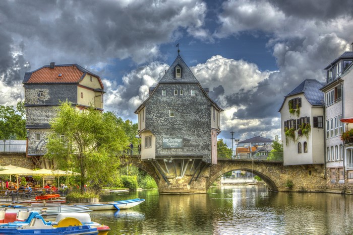 Houses and Bridge over River in Bad Kreuznach, Germany