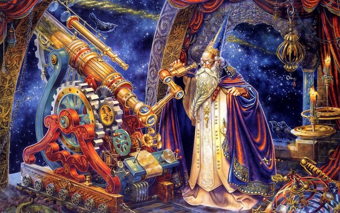 Wizard with telescope and celestial machinery