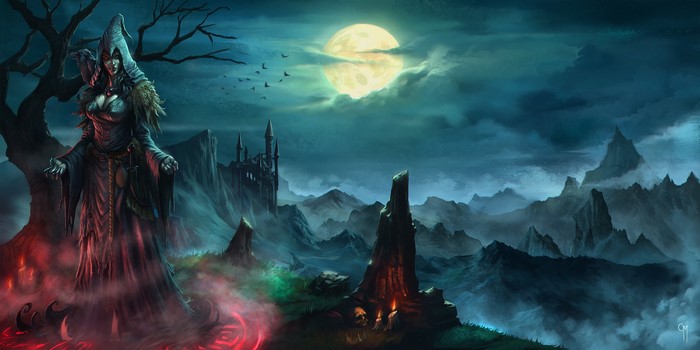 Gothic fantasy witch under a full moon