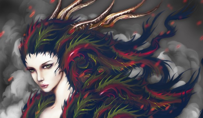 Woman with dragon-like hair and horns